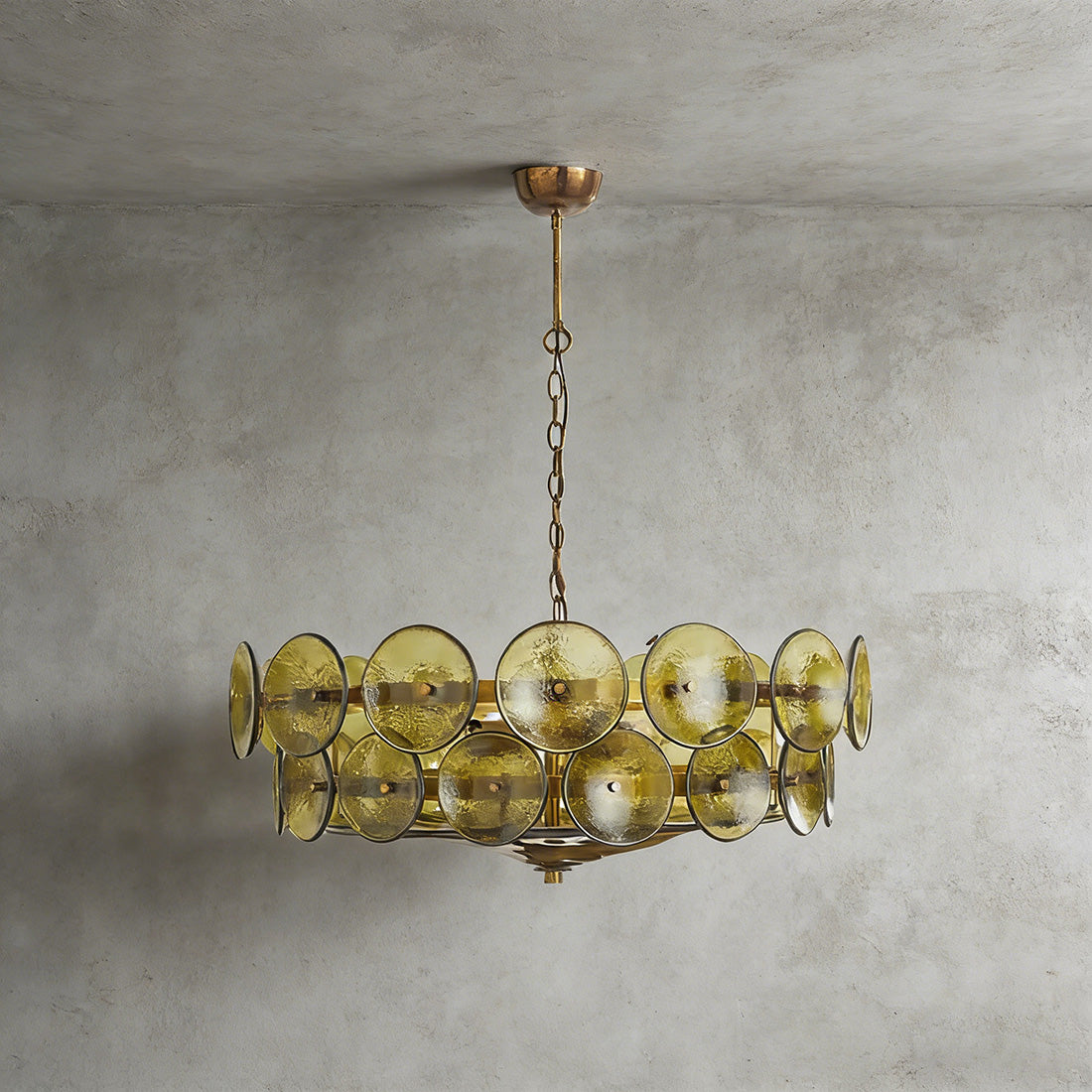 Italian Murano Style Glass Disc Chandelier - Studio Grey Background Translucent Olive Green Glass | HoaiLamp