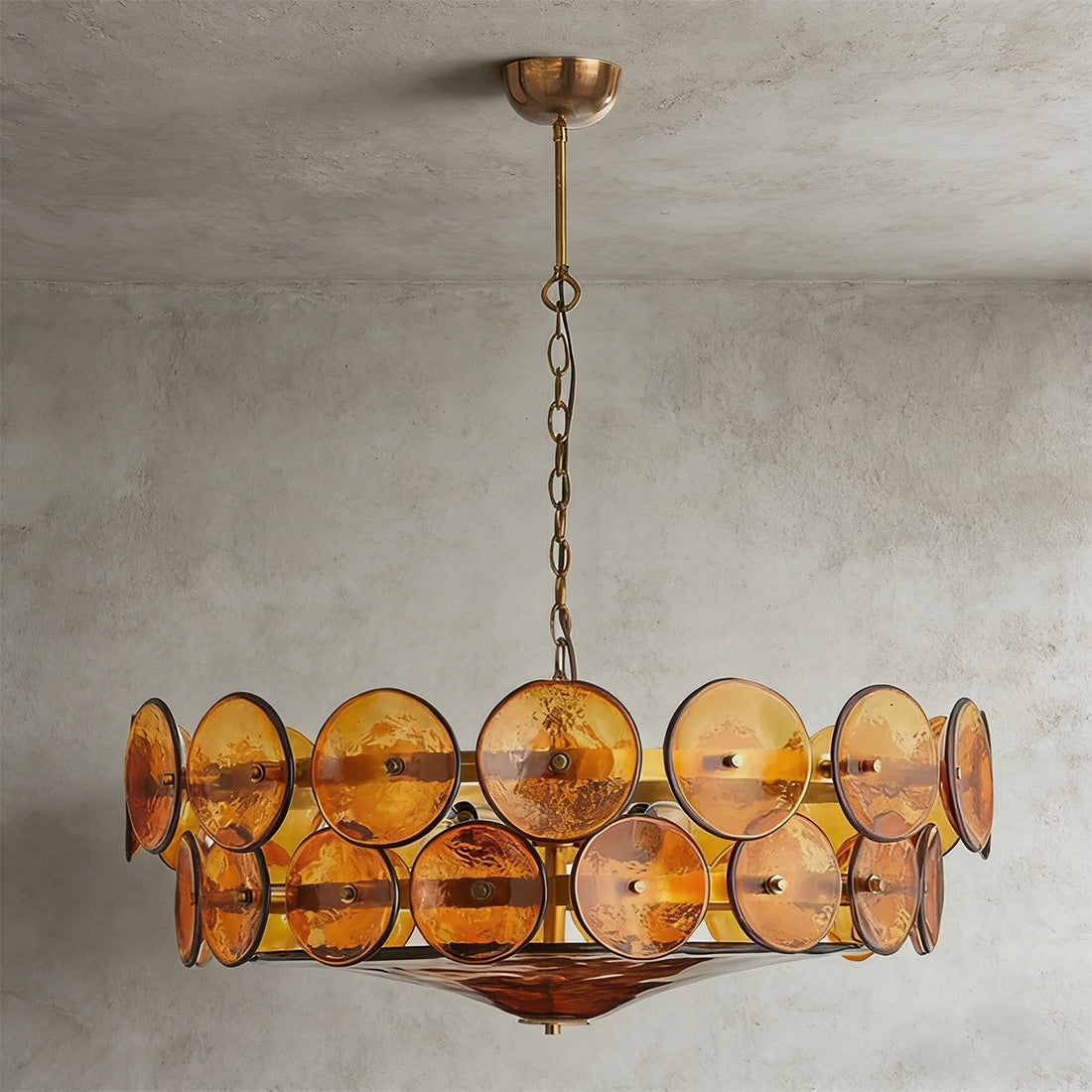 Italian Murano Style Glass Disc Chandelier - Studio Grey Background Warm Glow Amber | HoaiLamp