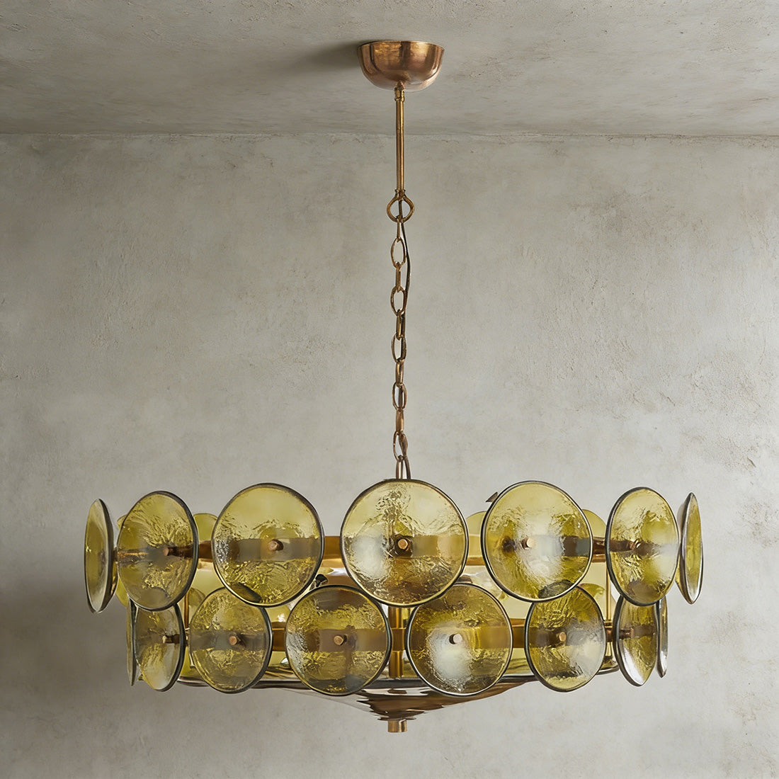 Italian Murano Style Glass Disc Chandelier - Studio Grey Background Warm Glow Green | HoaiLamp