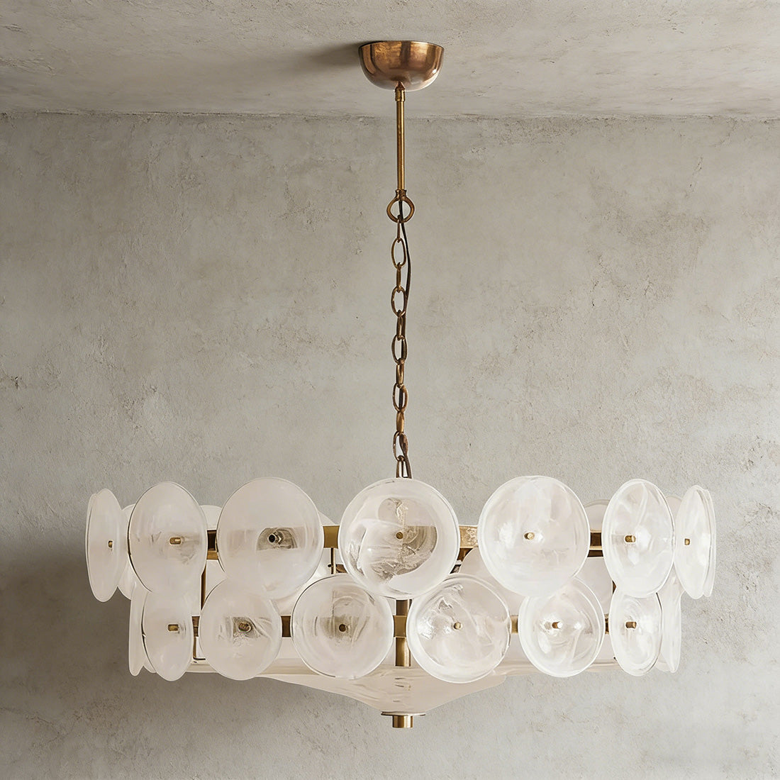 Italian Murano Style Glass Disc Chandelier - Studio Grey Background Warm Glow White | HoaiLamp