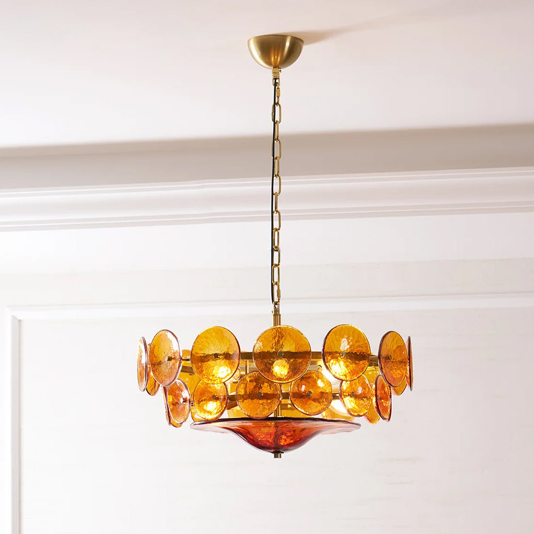 Italian Murano Style Glass Disc Chandelier - White Ceiling Crown Mold
