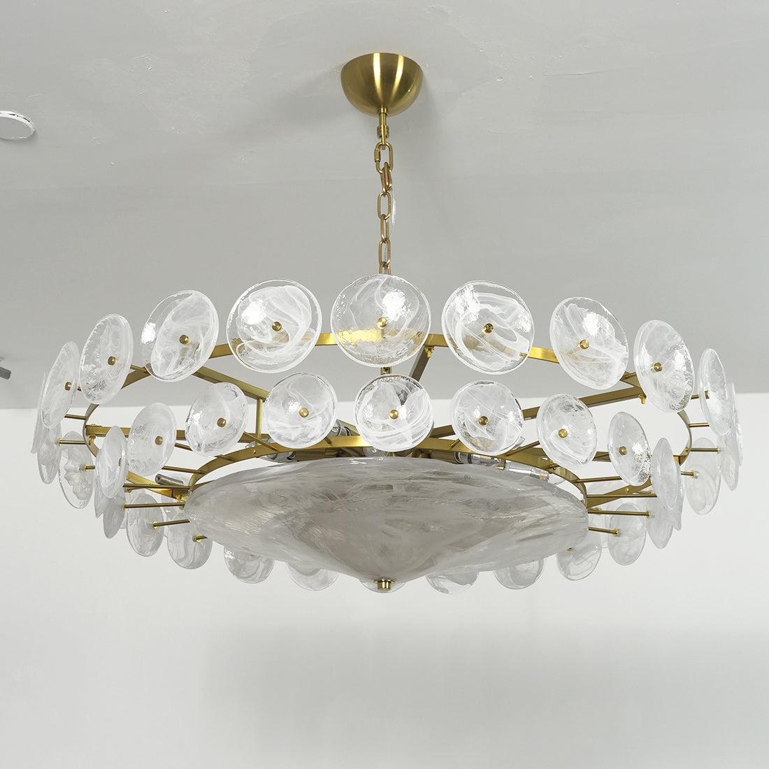 Italian Murano Style Glass Disc Chandelier - Wide View White Studio Frosted White | HoaiLamp
