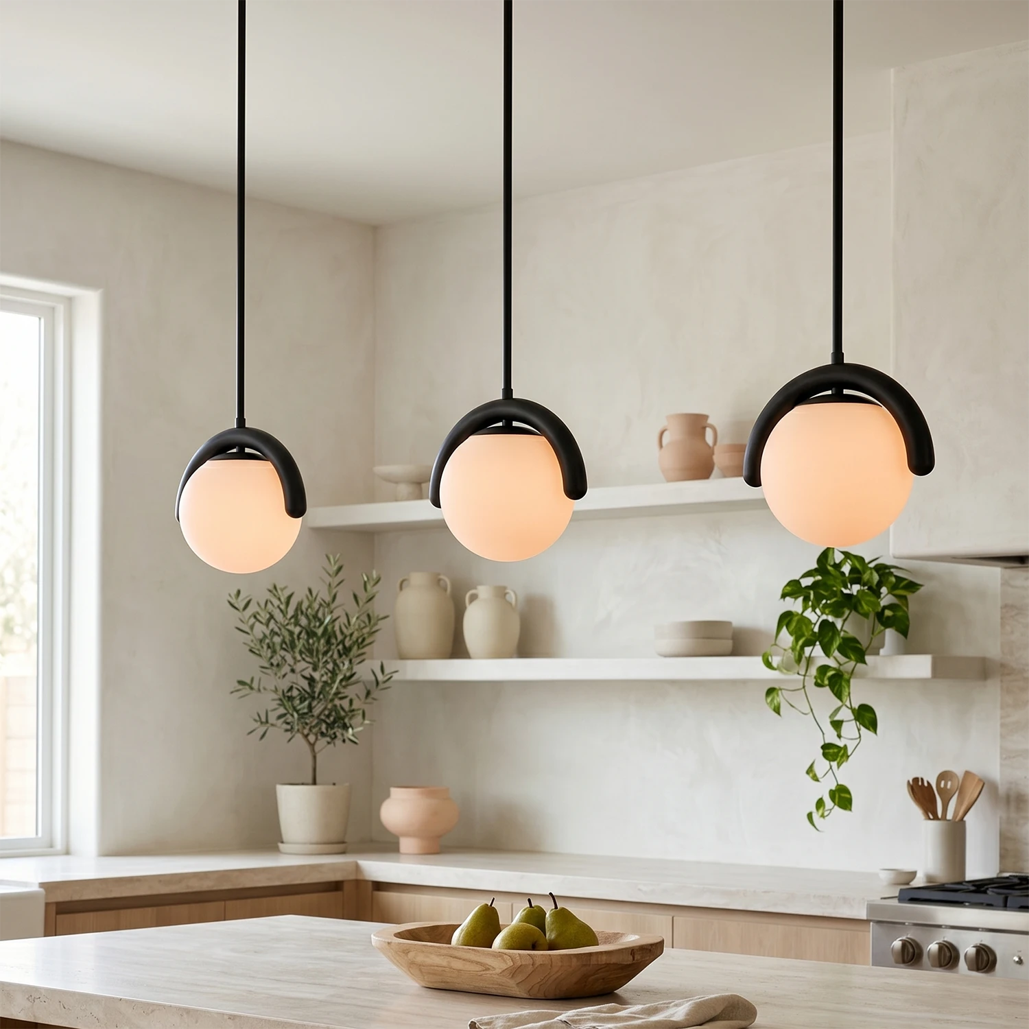 Curved Linear Opal Globe Pendant - Modern Scandi Kitchen Island Pendant Cluster | HoaiLamp