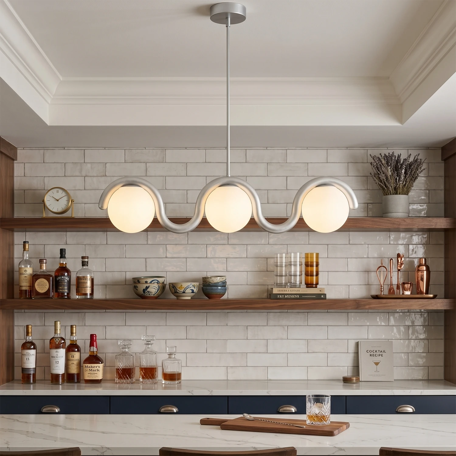 Curved Linear Opal Globe Pendant - French Luxury Dining Room Linear Bar Light | HoaiLamp