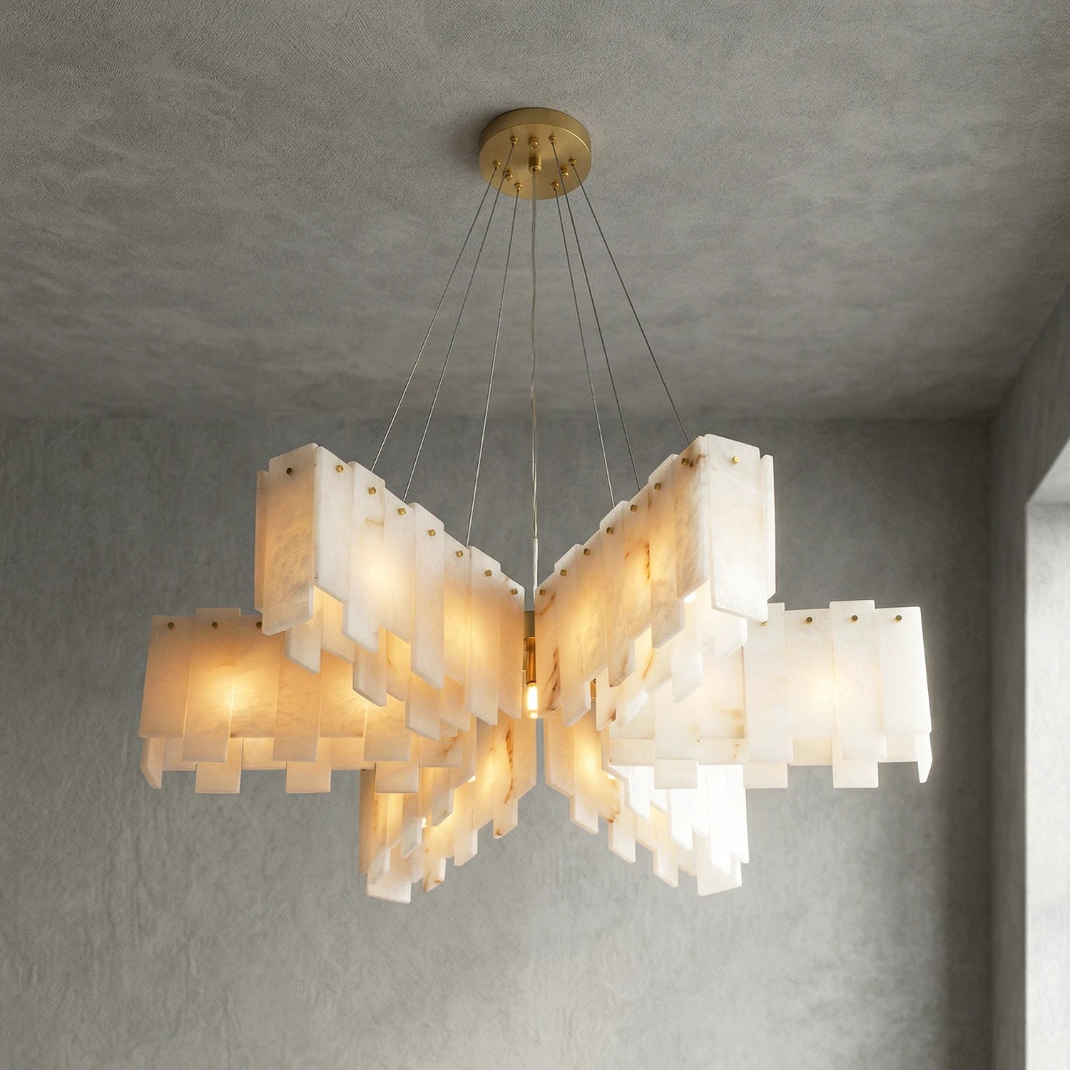 Cascade Alabaster Tiered Brass Chandelier-Radial Alabaster Petal Design - Dynamic Light & Shadow Sculpture | HoaiLamp