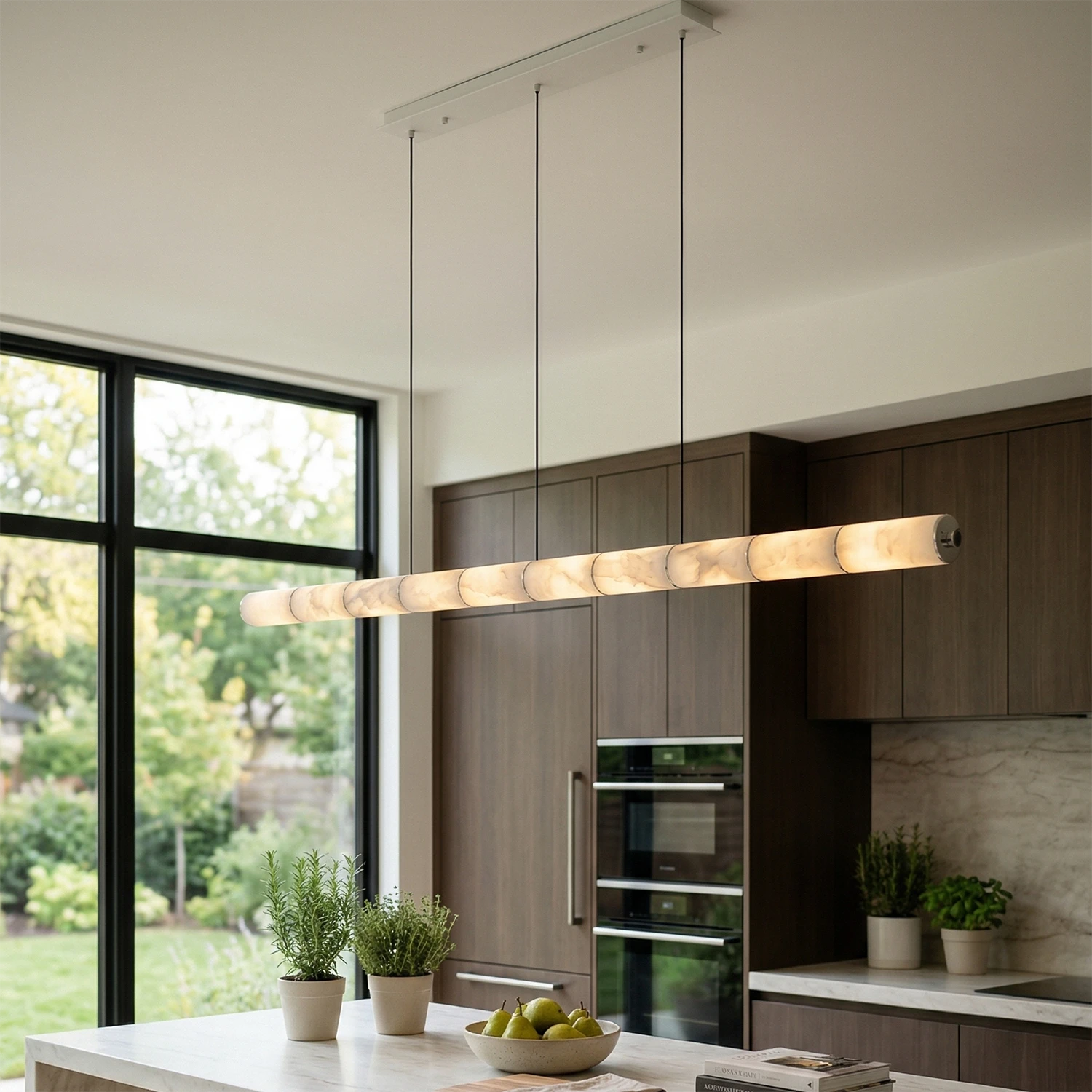 Linear Alabaster LED Chandelier - Luxury Dark Walnut Culinary Studio Hub | HoaiLamp