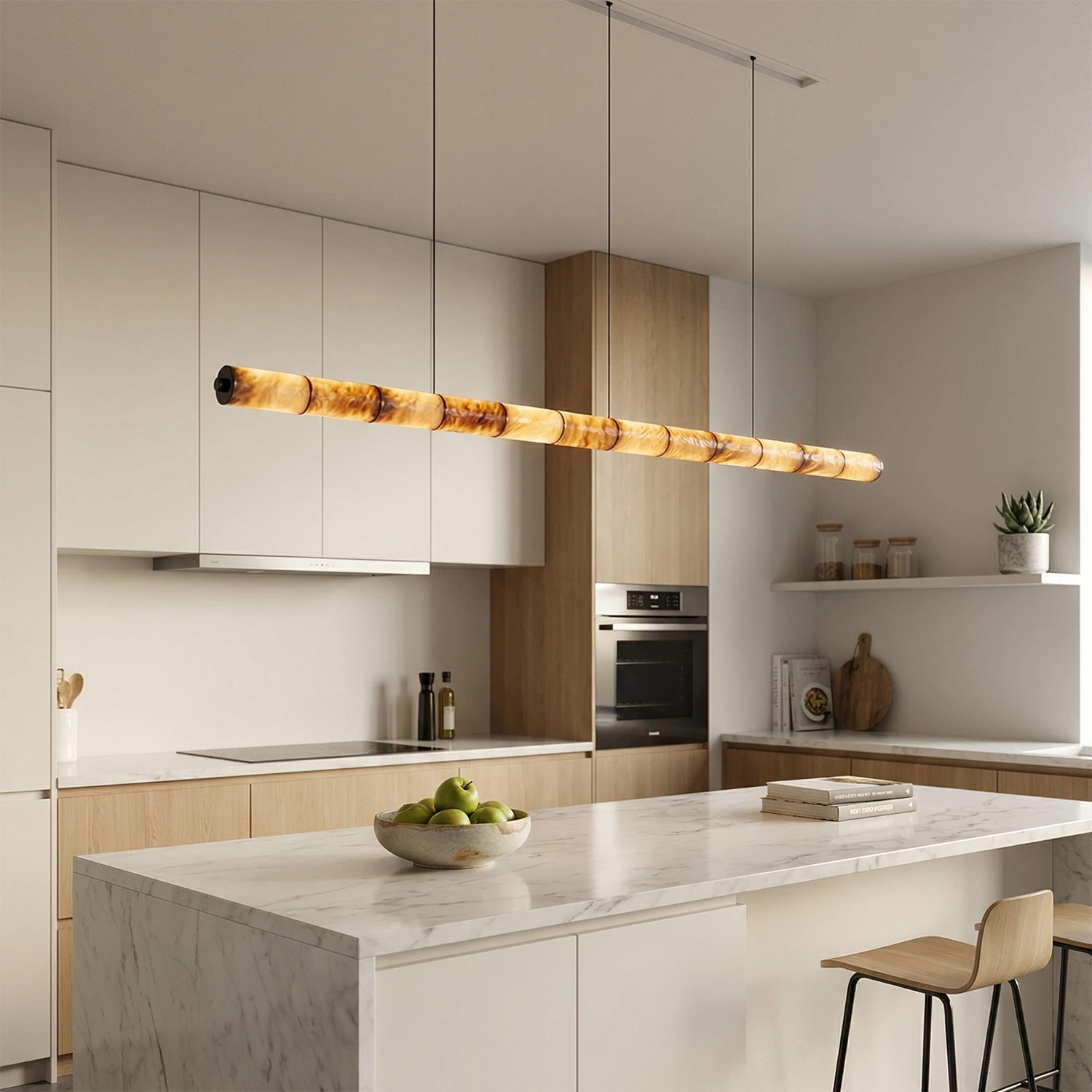 Linear Alabaster LED Chandelier - Bright Scandinavian Oak Kitchen Island | HoaiLamp