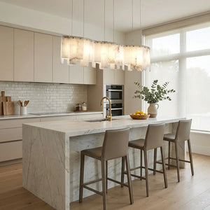 Linear Alabaster Panel Pendant Lamp-Bar Linear Chandelier - Contemporary Light Wood Kitchen White Island Stools | HoaiLamp