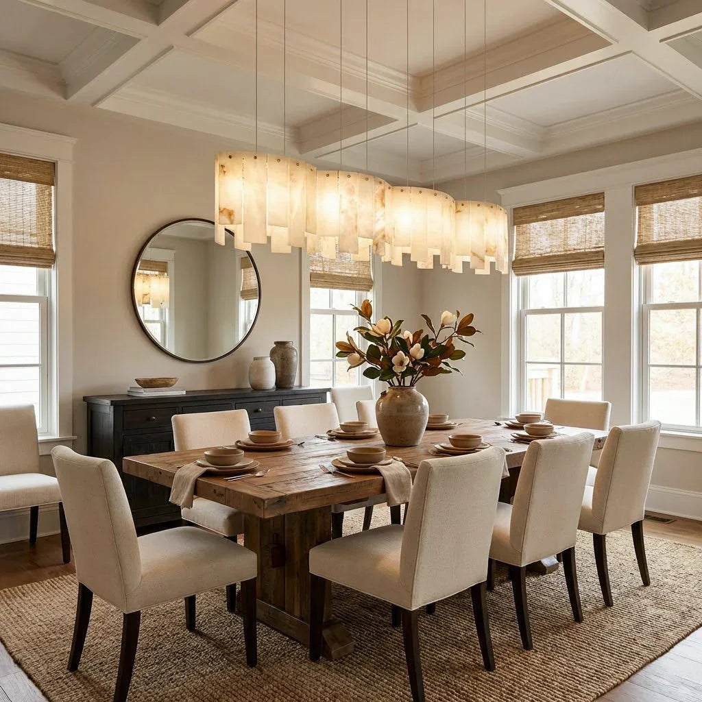 Linear Alabaster Panel Pendant Lamp-Bar Linear Chandelier - Grand Formal Dining Room Large Round Mirror Beige Chairs | HoaiLamp