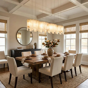 Linear Alabaster Panel Pendant Lamp-Bar Linear Chandelier - Grand Formal Dining Room Large Round Mirror Beige Chairs | HoaiLamp