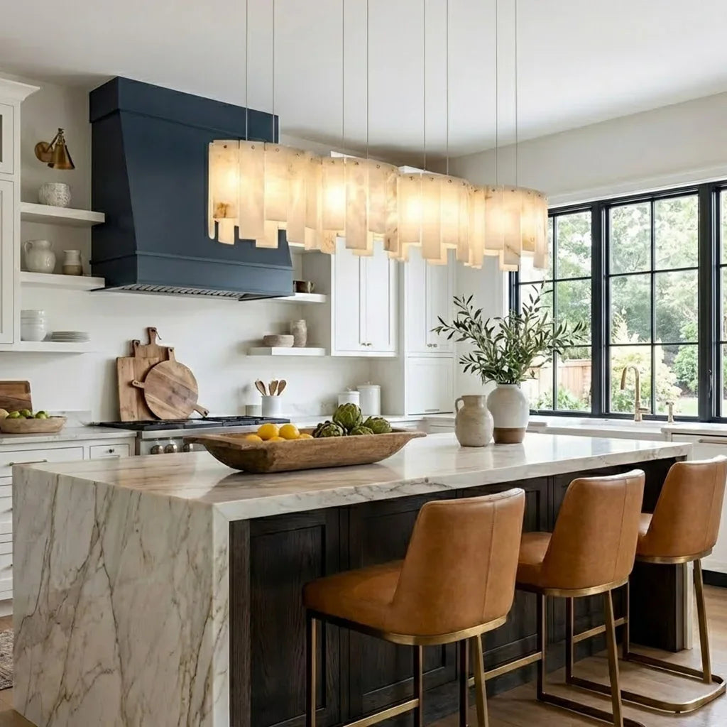Linear Alabaster Panel Pendant Lamp-Bar Linear Chandelier - Luxury Kitchen Marble Waterfall Island Leather Stools | HoaiLamp
