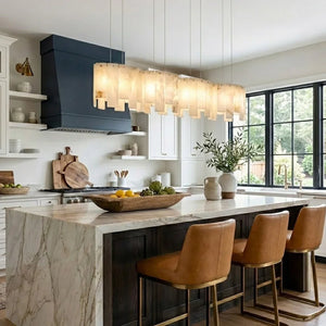 Linear Alabaster Panel Pendant Lamp-Bar Linear Chandelier - Luxury Kitchen Marble Waterfall Island Leather Stools | HoaiLamp