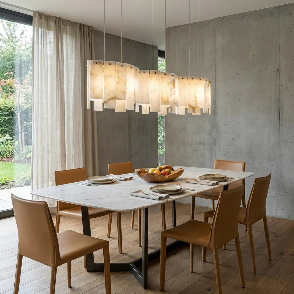 Linear Alabaster Panel Pendant Lamp-Bar Linear Chandelier - Luxury Modern Dining Room Concrete Wall Leather Chairs | HoaiLamp