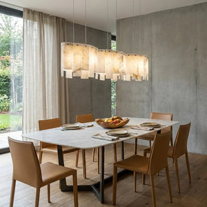 Linear Alabaster Panel Pendant Lamp-Bar Linear Chandelier - Luxury Modern Dining Room Concrete Wall Leather Chairs | HoaiLamp