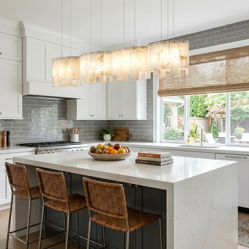 Linear Alabaster Panel Pendant Lamp-Bar Linear Chandelier - Modern White Kitchen Island Woven Back Counter Stools | HoaiLamp