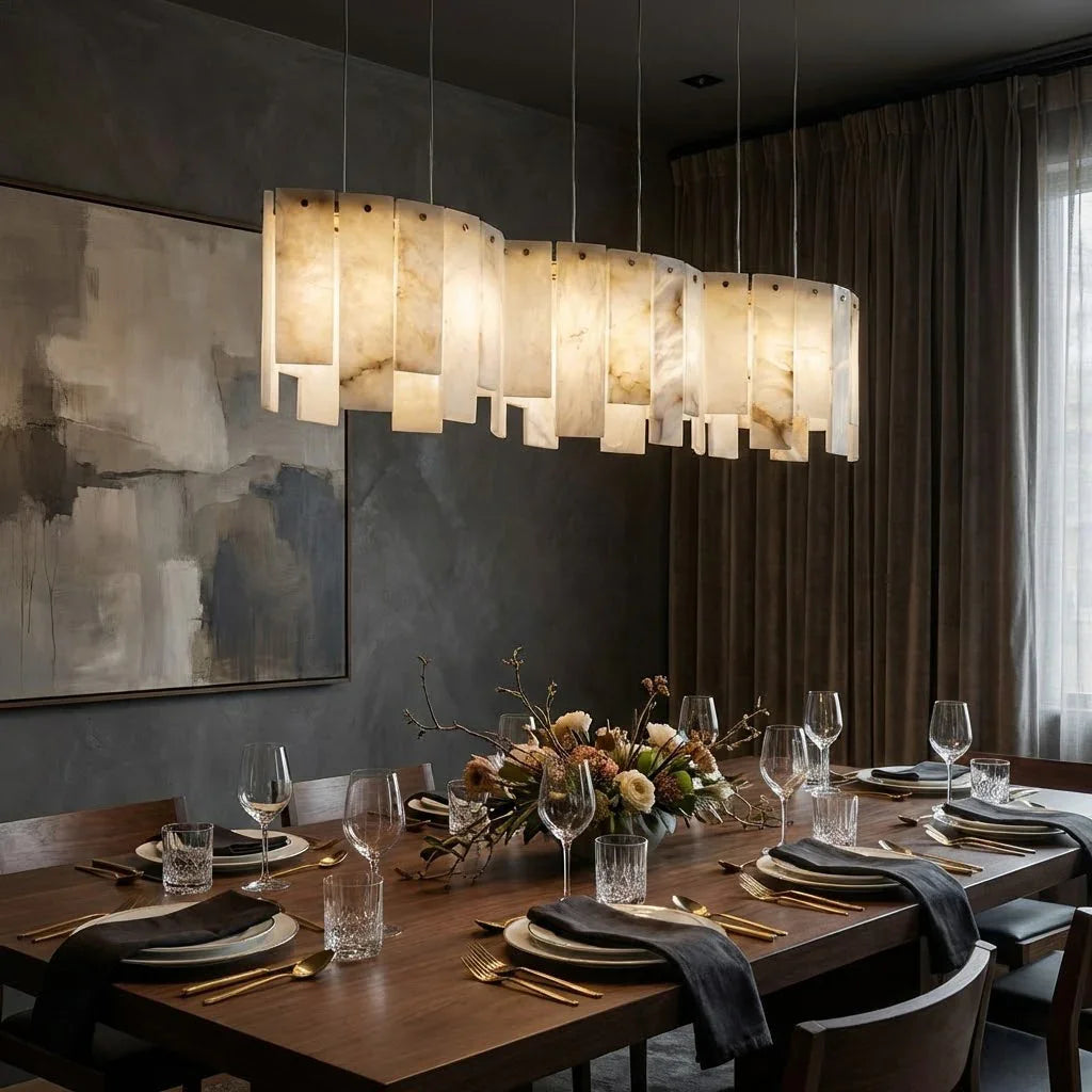Linear Alabaster Panel Pendant Lamp-Bar Linear Chandelier - Moody Dark Dining Room Long Wood Table Abstract Art | HoaiLamp