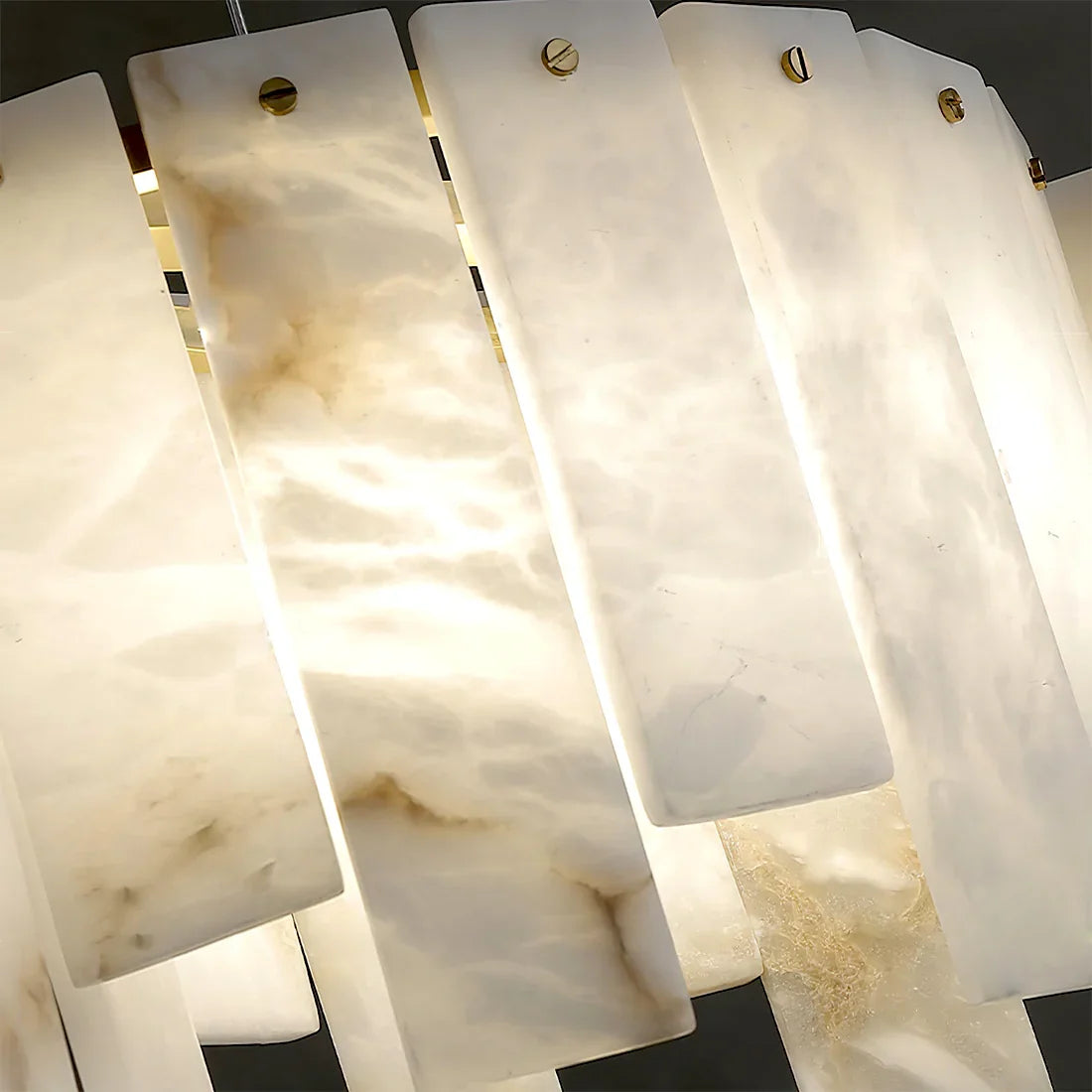 Linear Alabaster Panel Pendant Lamp-Bar Linear Chandelier - Macro Close Up Overlapping Alabaster Slats Gold Rivets | HoaiLamp