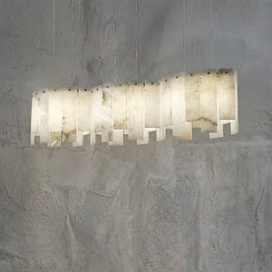Linear Alabaster Panel Pendant Lamp-Bar Linear Chandelier - Studio Grey Concrete Backdrop Frontal View Lit | HoaiLamp