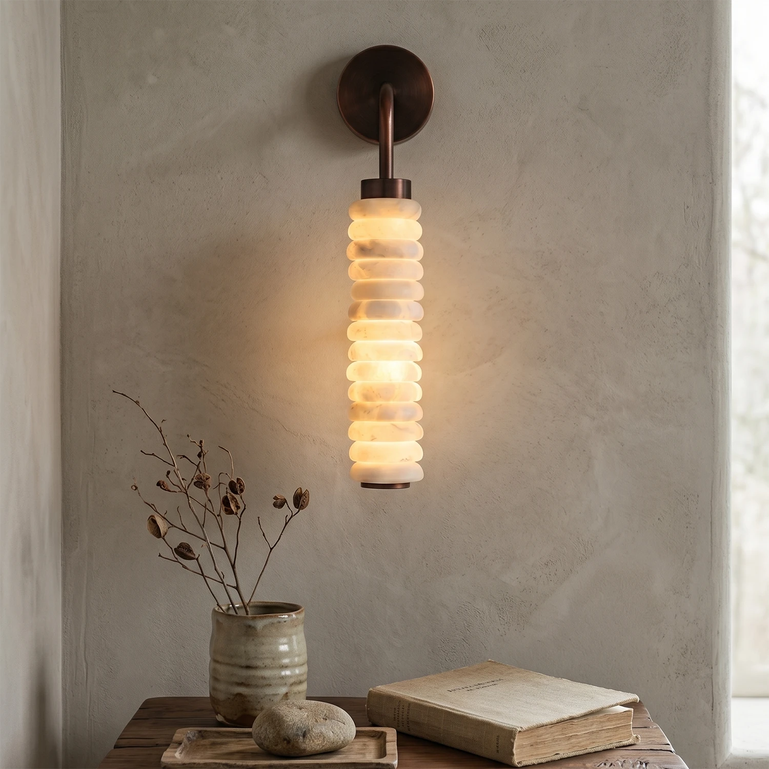 Spiral Alabaster Wall Lamp - Art Deco Brass Profile | HoaiLamp Warm Console Corner Accent Light