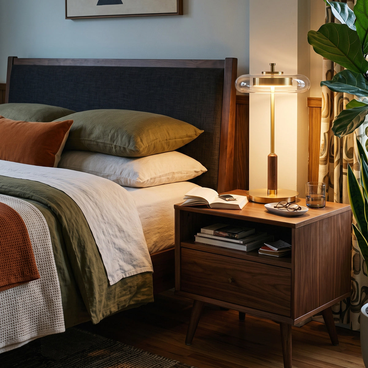 The Loria lamp glowing low on a rattan nightstand in a cozy bedroom.
