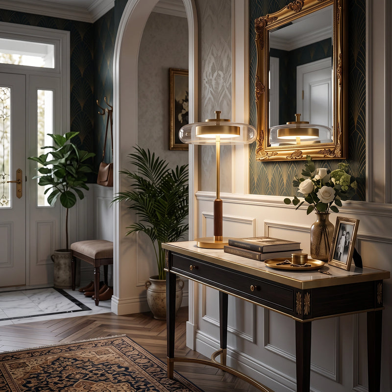 The Loria lamp on a foyer console in front of a wall mirror.