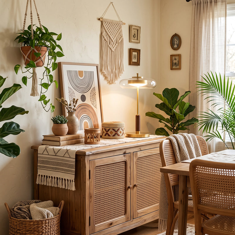 The Loria lamp on a rattan sideboard among houseplants.
