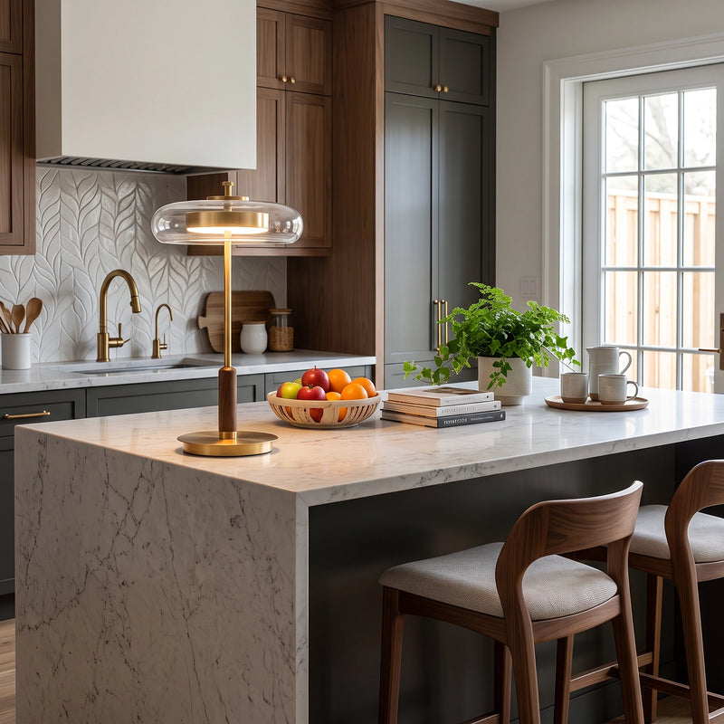 The Loria lamp on a marble kitchen island.
