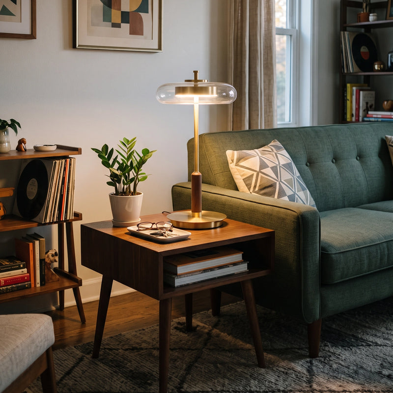 The Loria lamp beside a green velvet sofa.