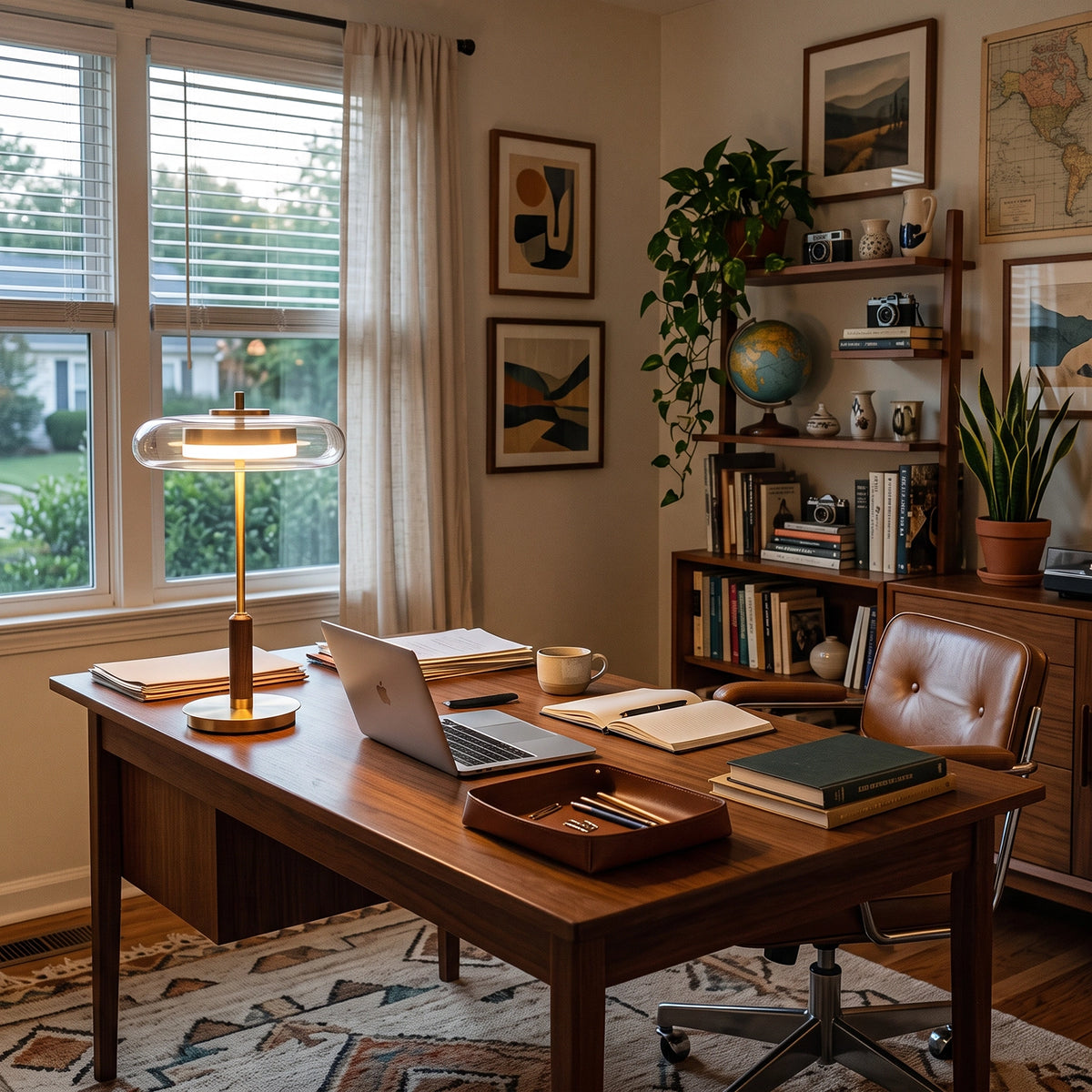 The Loria lamp at full brightness on a wooden study desk by a window.