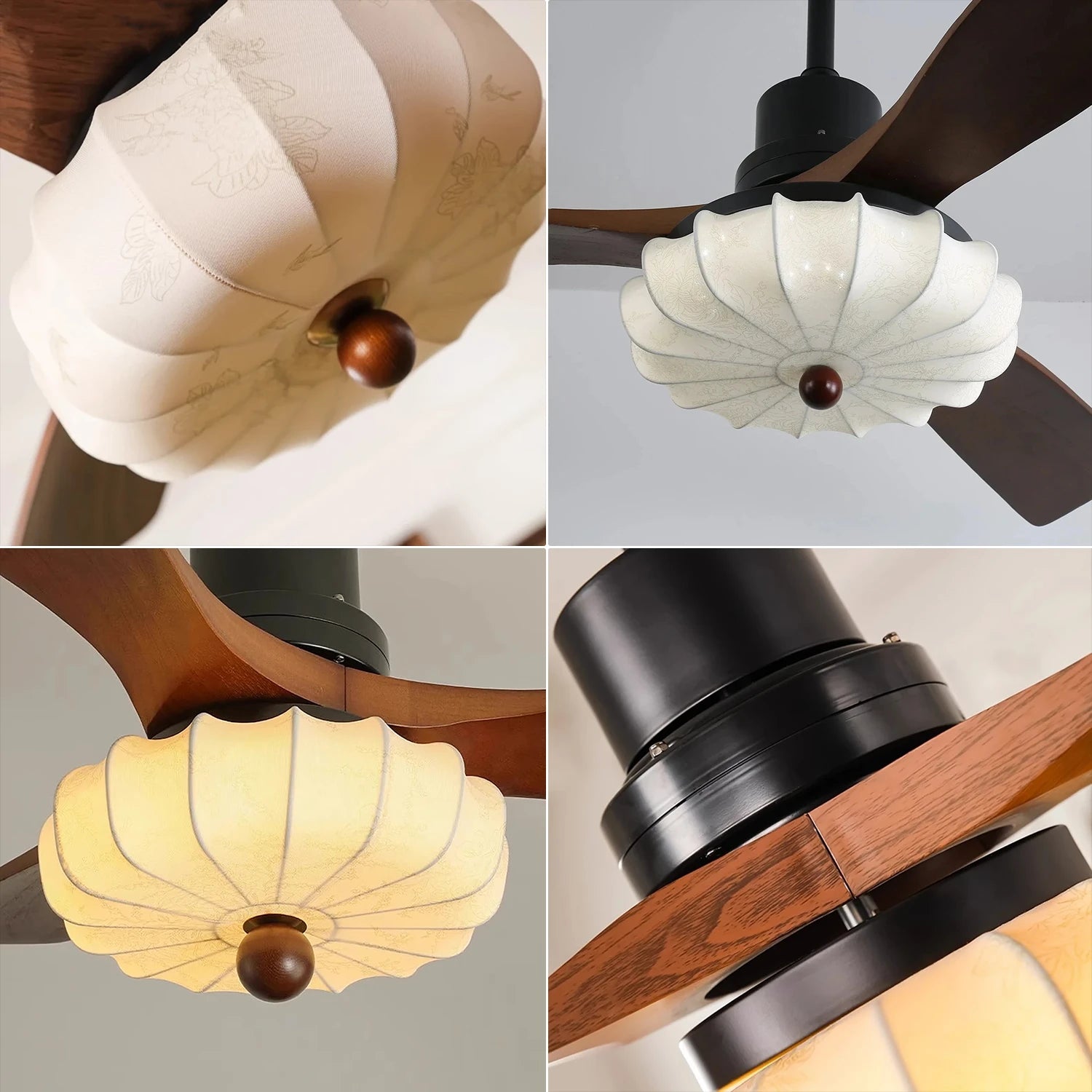 Lotus Bloom Wooden Ceiling Fan Light - 4 Panel Macro Detail Collage of Alabaster Flower Shade | HoaiLamp
