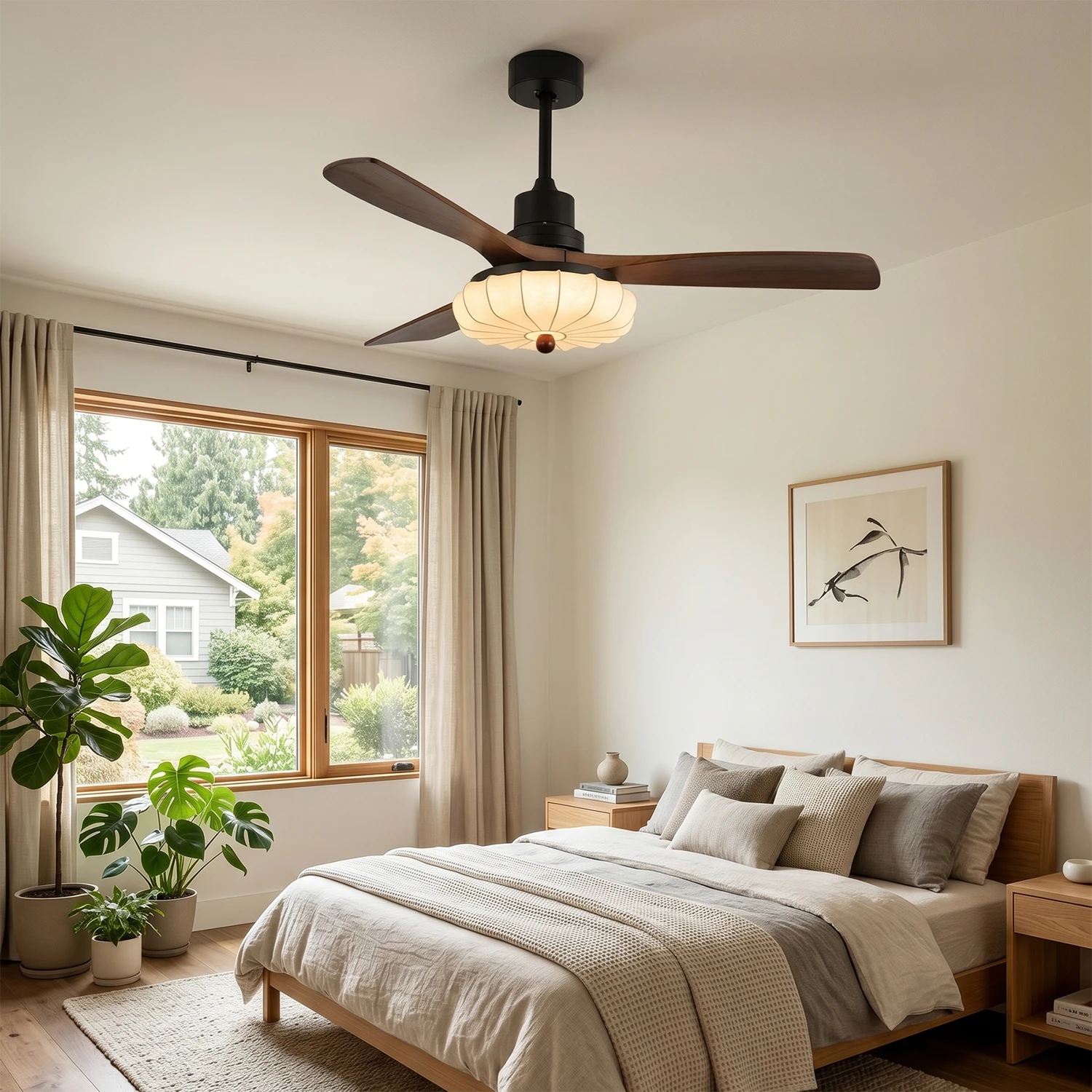 Lotus Bloom Wooden Ceiling Fan Light - Cozy Master Bedroom with Sage Green and Beige Bedding | HoaiLamp