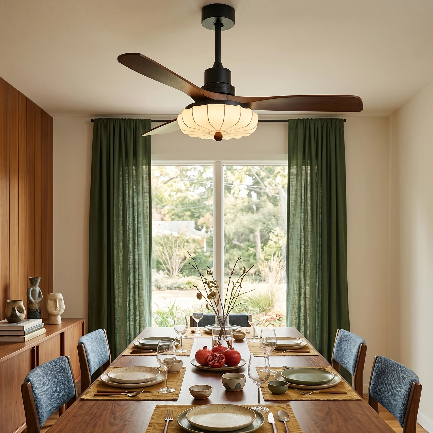 Lotus Bloom Wooden Ceiling Fan Light - Classic Dining Room with Forest Green Curtains | HoaiLamp