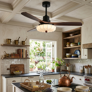 Lotus Bloom Wooden Ceiling Fan Light - Farmhouse Kitchen Counter with Bright Open Shelving | HoaiLamp