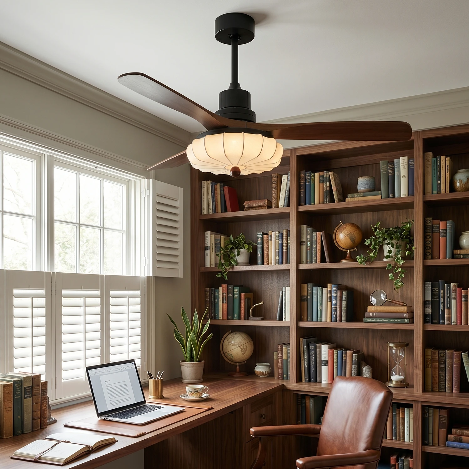Lotus Bloom Wooden Ceiling Fan Light - Vintage Home Office Study with Solid Wood Bookshelf | HoaiLamp