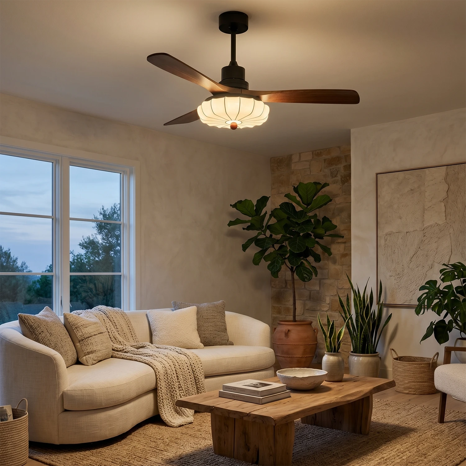 Lotus Bloom Wooden Ceiling Fan Light - Warm Living Room with Curved Cream Fabric Sofa | HoaiLamp