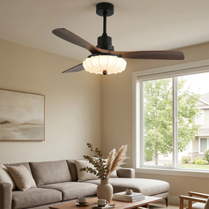 Lotus Bloom Wooden Ceiling Fan Light - Modern Living Room with Beige Sectional Sofa | HoaiLamp
