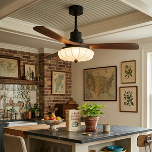 Lotus Bloom Wooden Ceiling Fan Light - Rustic Kitchen Island with Vintage Brick Accent Wall | HoaiLamp