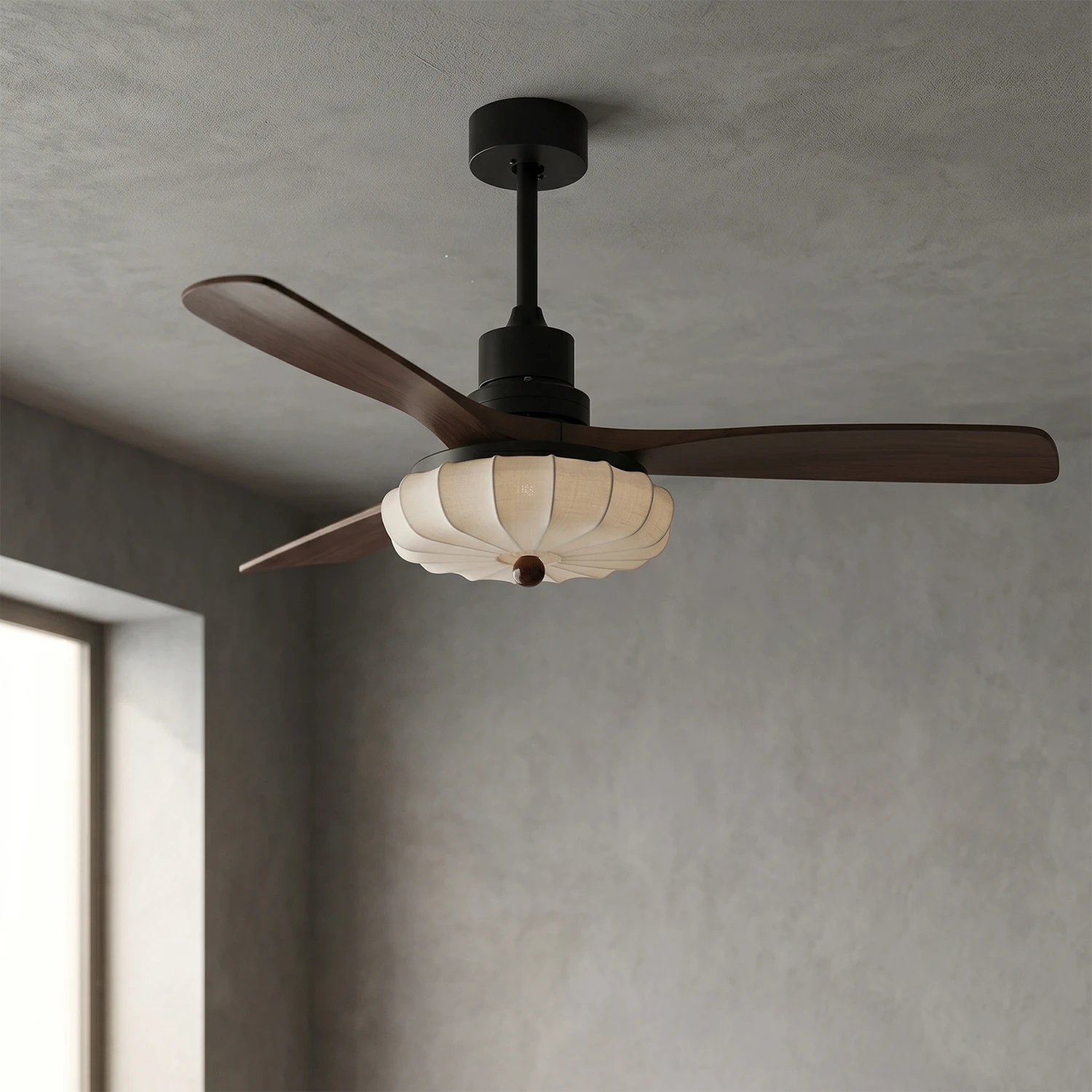 Lotus Bloom Wooden Ceiling Fan Light - Minimalist Studio Shot on Textured Concrete Wall | HoaiLamp