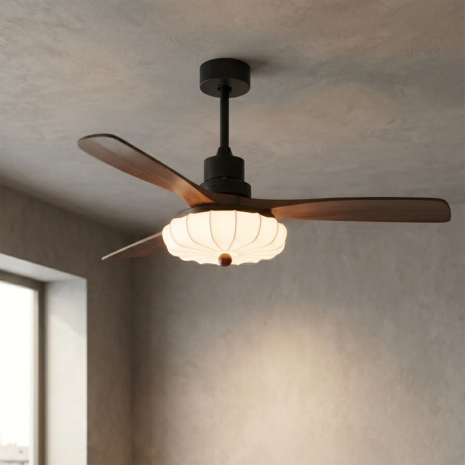 Lotus Bloom Wooden Ceiling Fan Light - Downward Warm Lit Glow in Industrial Wabi Sabi Setting | HoaiLamp
