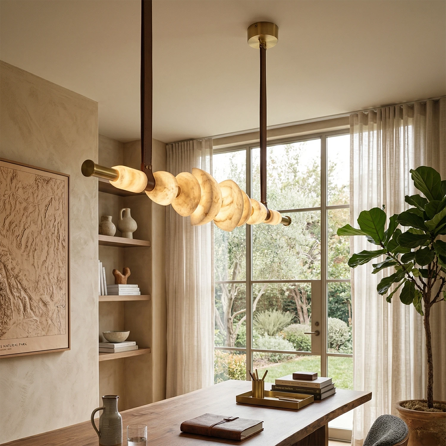 Lumina Alabaster Linear Chandelier - Serene Workspace with Garden View | HoaiLamp