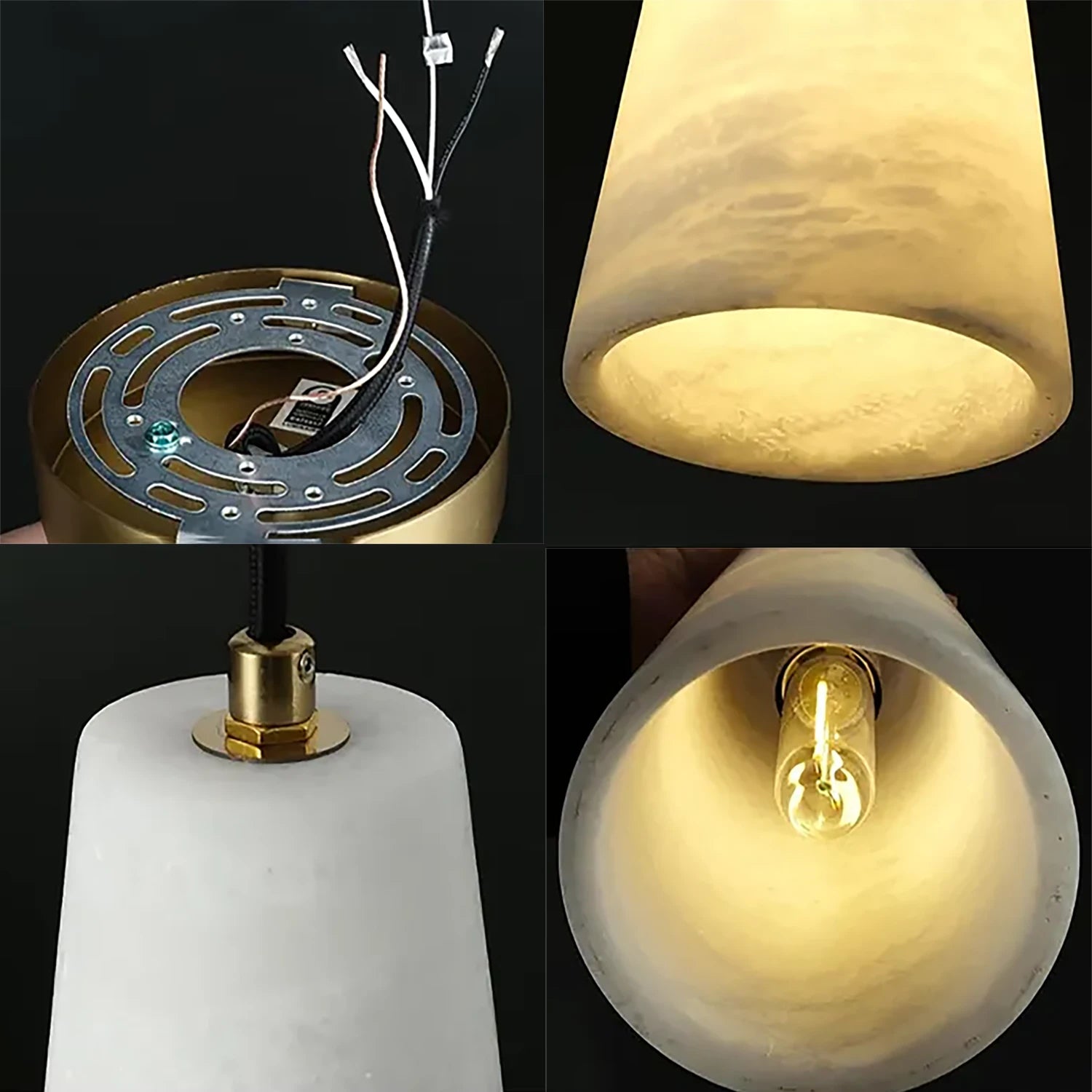 Luminous Conical Alabaster Chandelier - Ceiling Canopy & Stone Texture Detail | HoaiLamp
