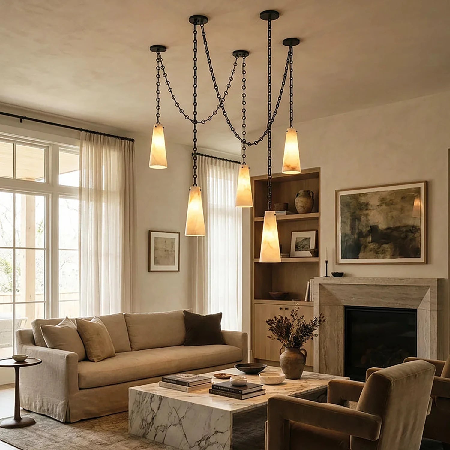 Luminous Conical Alabaster Chandelier - Contemporary Lounge Panoramic View | HoaiLamp