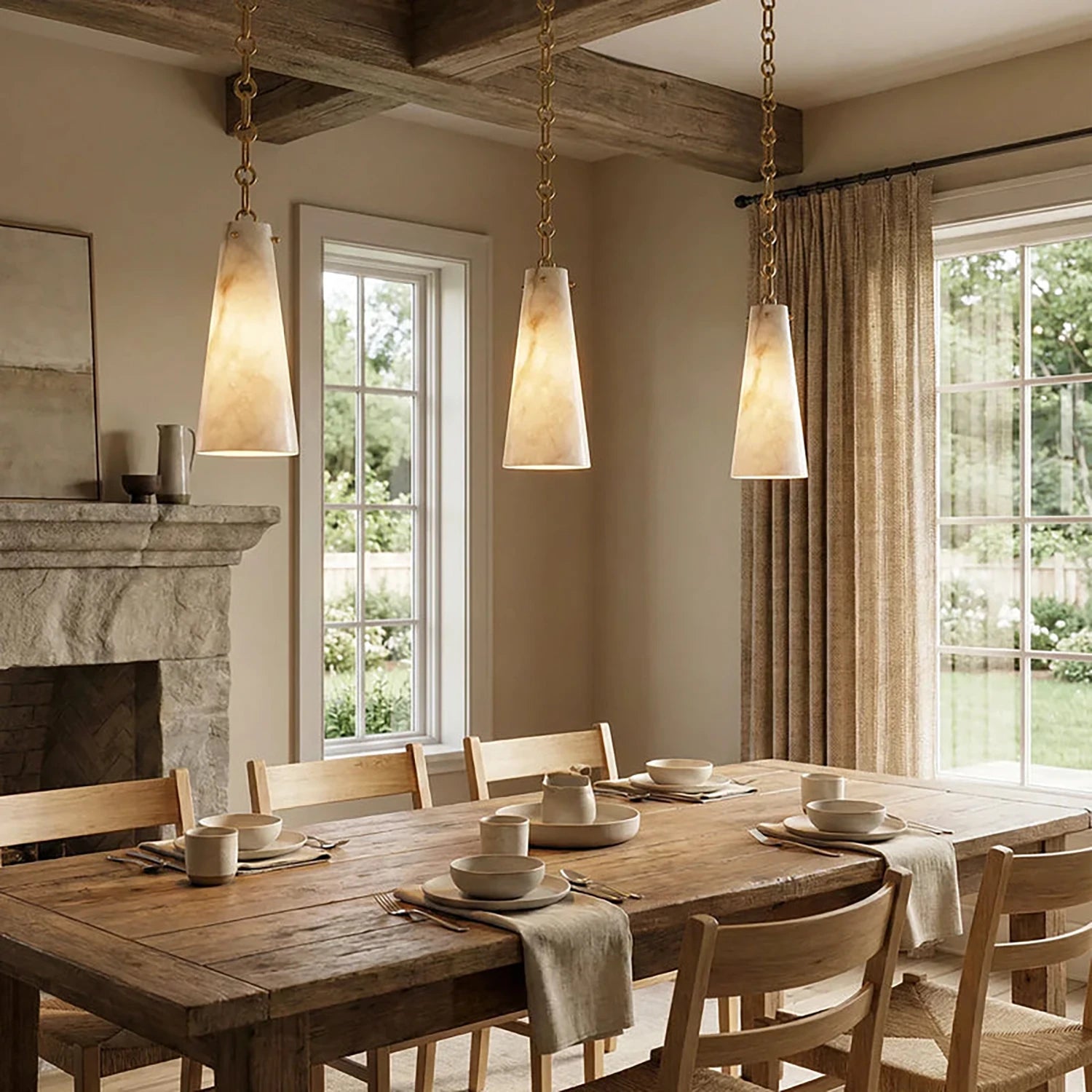 Luminous Conical Alabaster Chandelier - Farmhouse Long Wooden Dining Table | HoaiLamp
