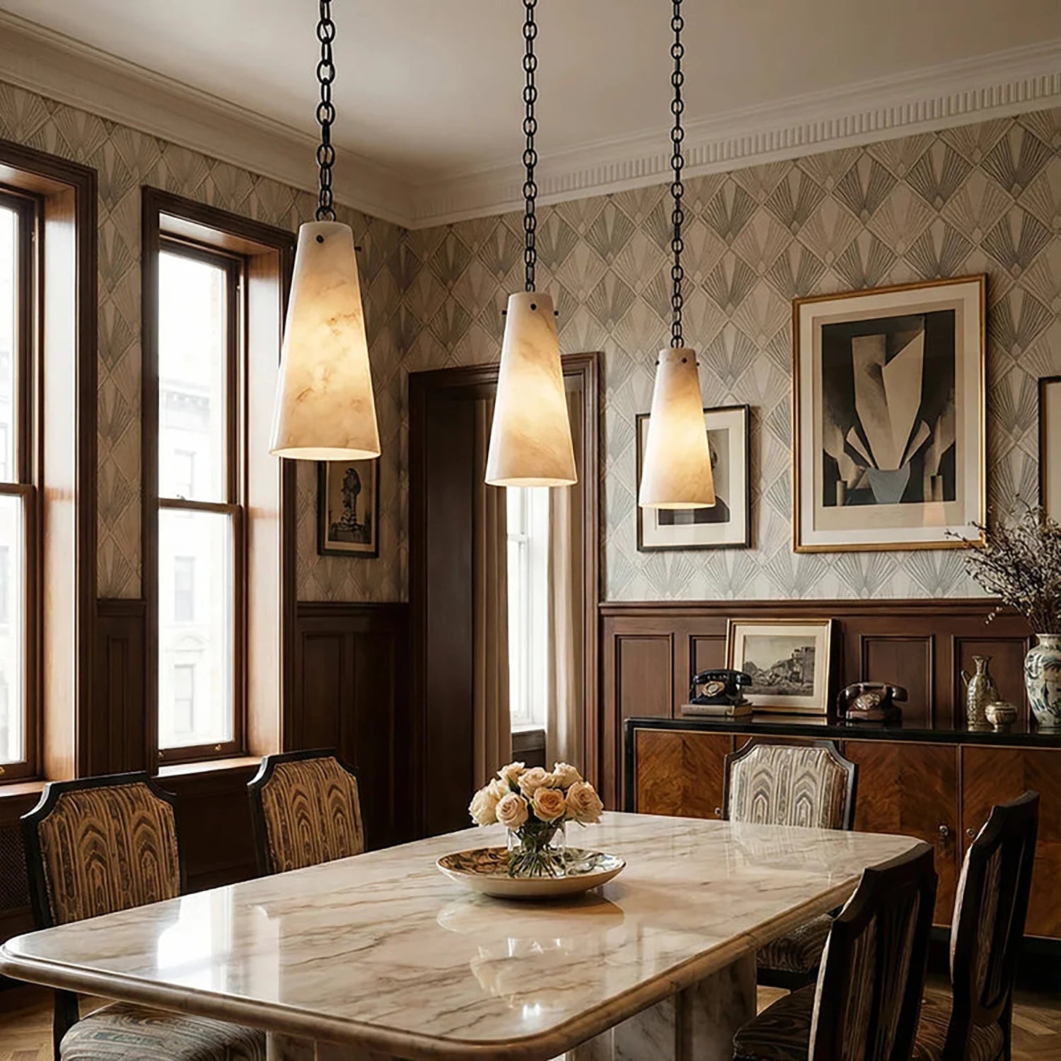 Luminous Conical Alabaster Chandelier - Formal Classical Dining Area Statement | HoaiLamp