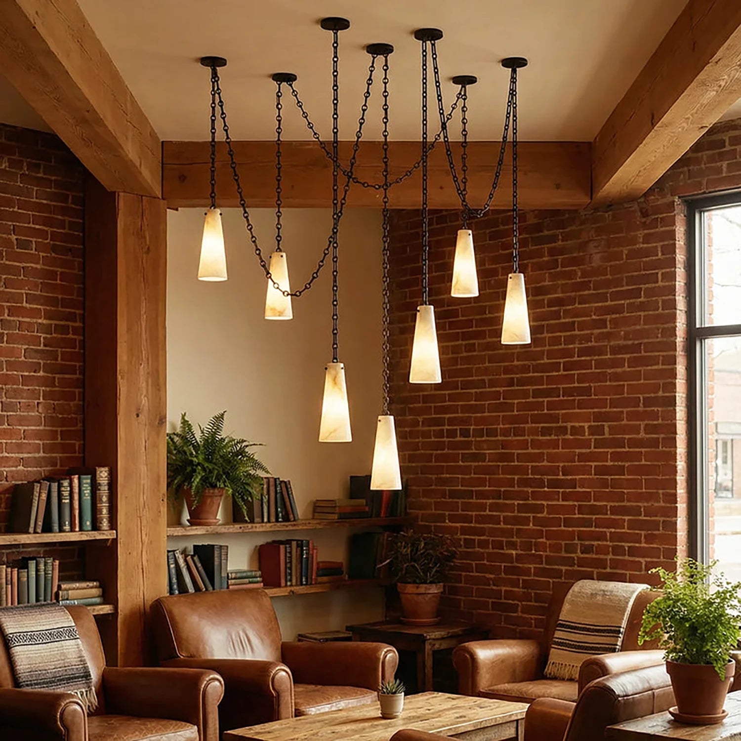 Luminous Conical Alabaster Chandelier - Industrial Brick Wall Executive Library | HoaiLamp