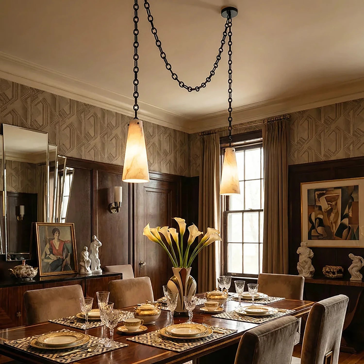 Luminous Conical Alabaster Chandelier - Moody Traditional Dining Hall Ambience | HoaiLamp