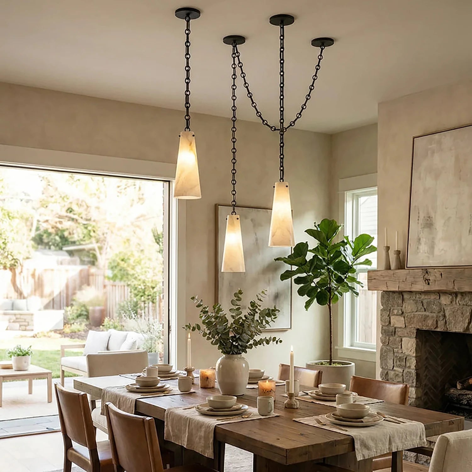 Luminous Conical Alabaster Chandelier - Multi-Light Swag Pendant Dining Setup | HoaiLamp