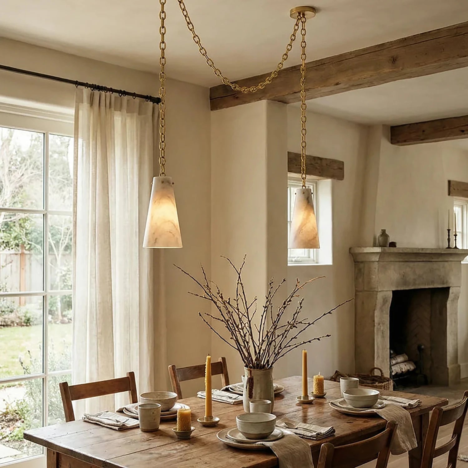 Luminous Conical Alabaster Chandelier - Rustic Cottage Dining Room Cluster | HoaiLamp
