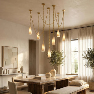 Luminous Conical Alabaster Chandelier - Rustic Wooden Dining Room Setup | HoaiLamp
