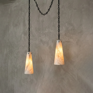 Luminous Conical Alabaster Chandelier - Swag Dual Pendant Black Cord Detail | HoaiLamp